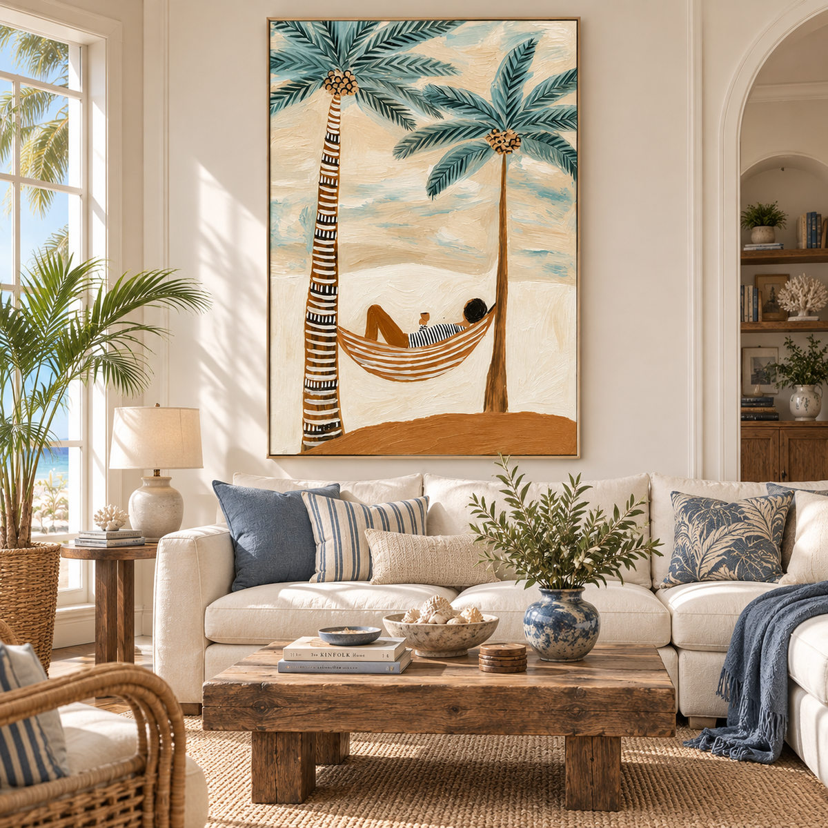 "Island Dream" – Textured Folk Art Style Tropical Palm Tree Hammock Painting