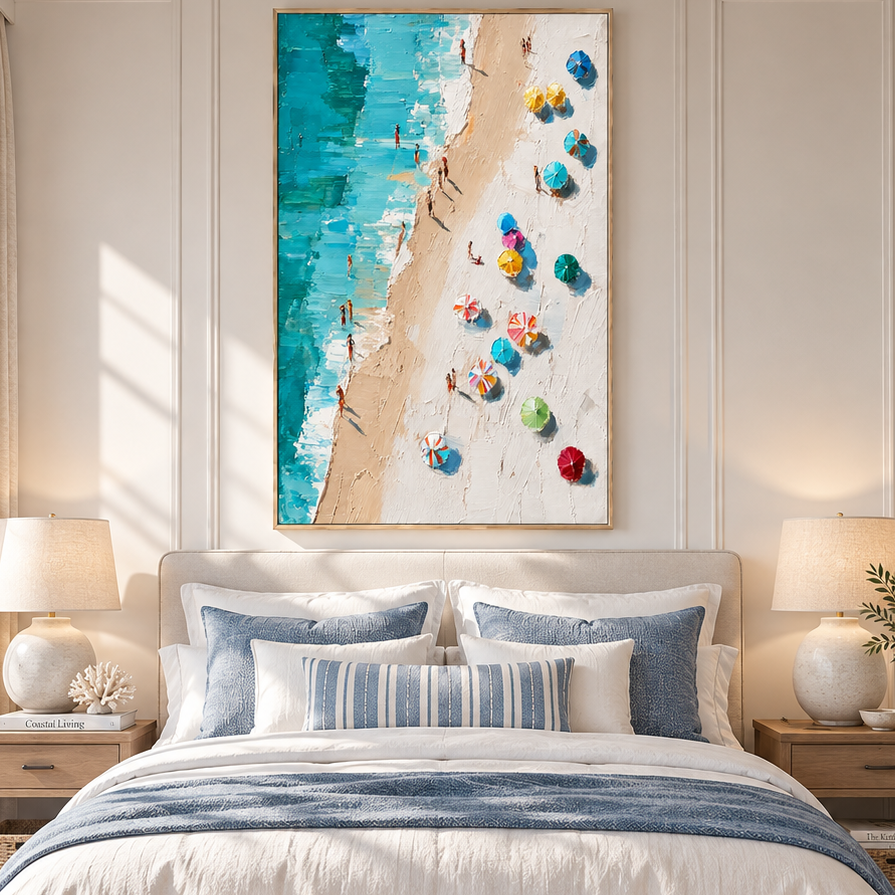 "Azure Haven" – Aerial Beach Parasol Impressionist Textured Oil Painting