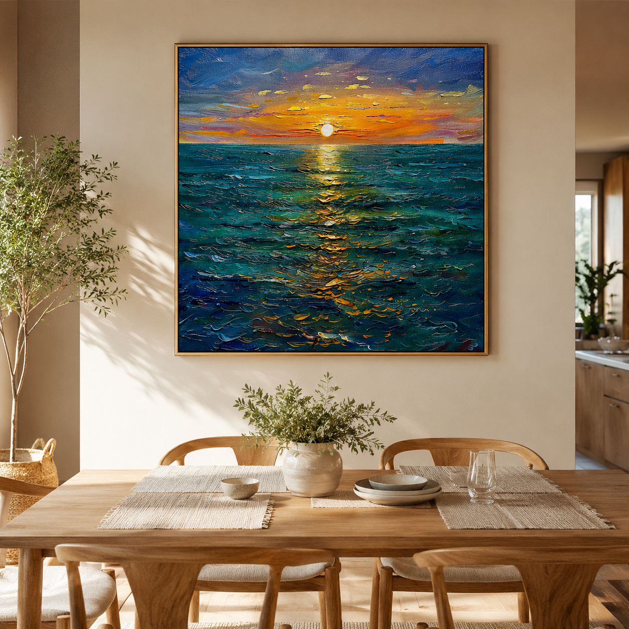 "Golden Horizon" – Ocean Sunset Textured Oil Painting