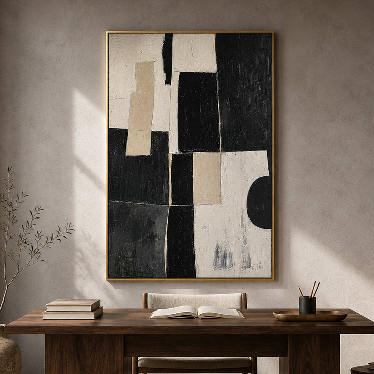 "Monochrome Structure" – Black White Geometric Abstract Painting