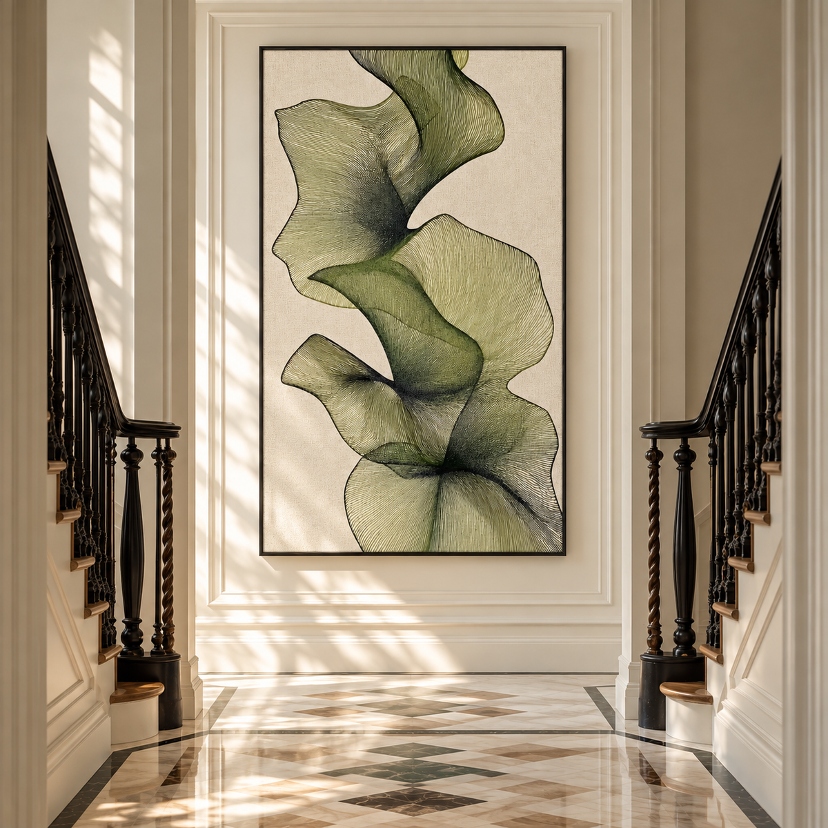 "Verdant Flow" – Japandi Style Minimalist Olive Green Line Art Canvas Painting