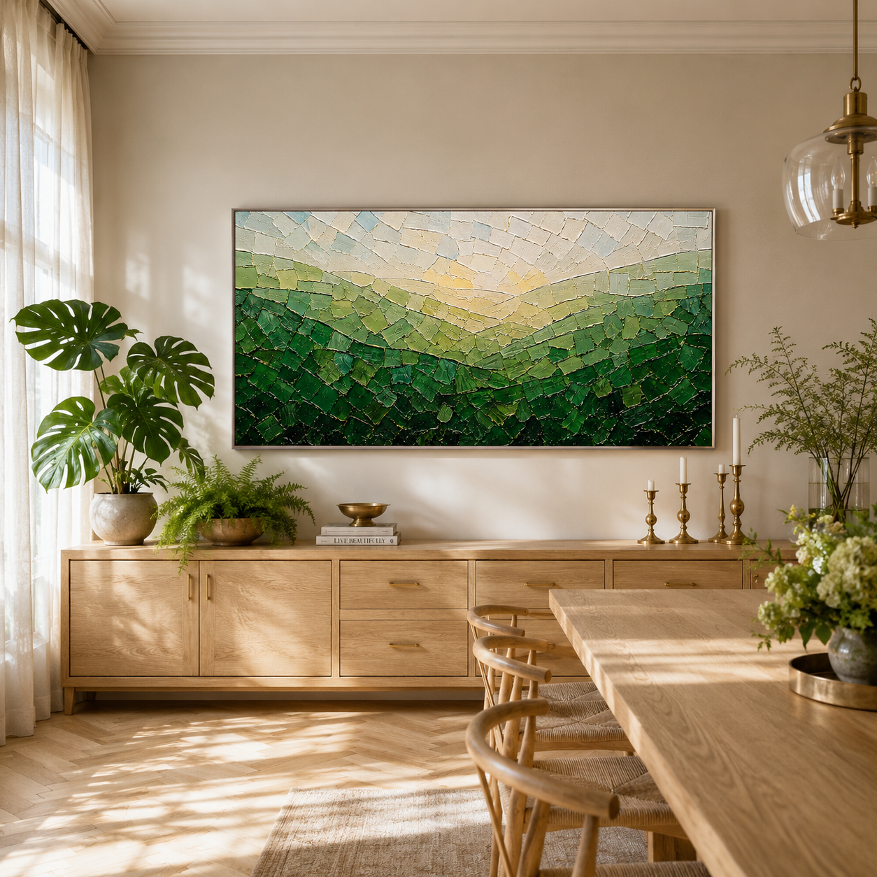 “Valley of Morning Light” – Green Mosaic Landscape Impasto Oil Painting