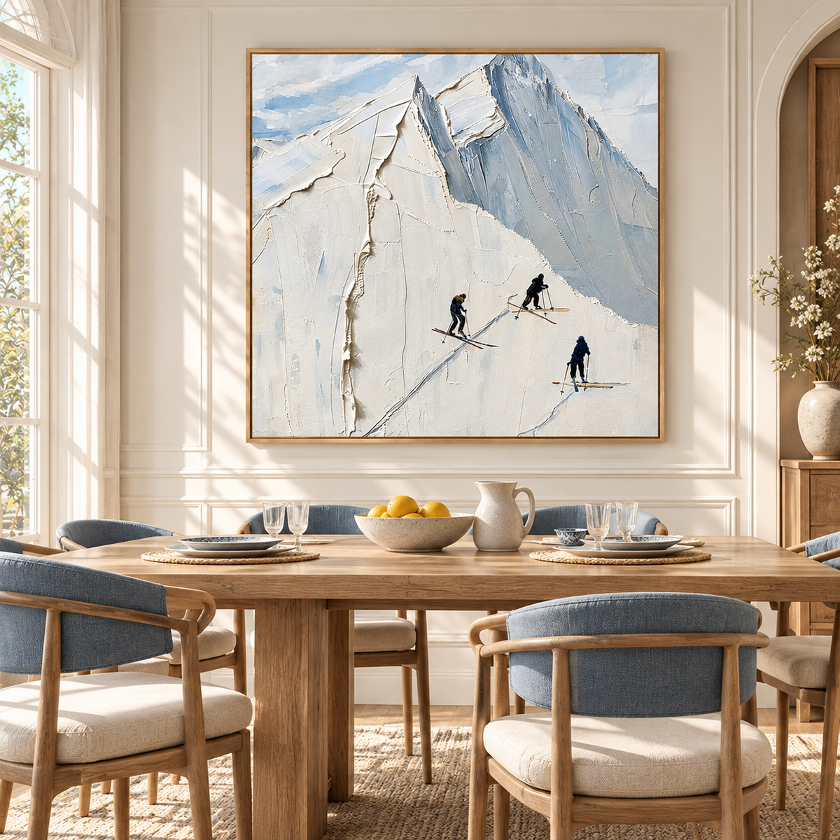 "Alpine Silence" – Minimalist Textured Mountain Skiing Impasto Canvas Oil Painting