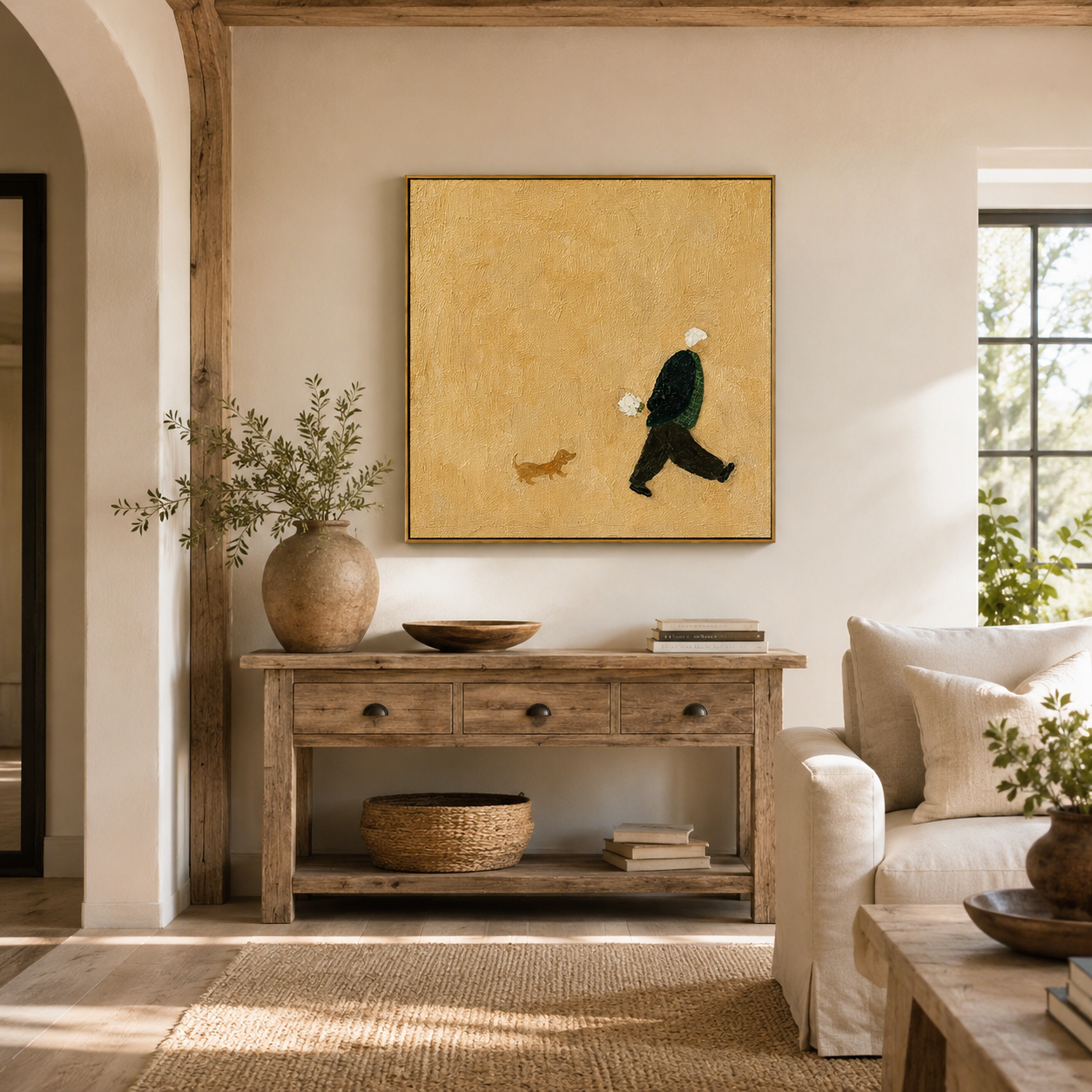 "Afternoon Walk" – Minimalist Figure and Dog Textured Painting