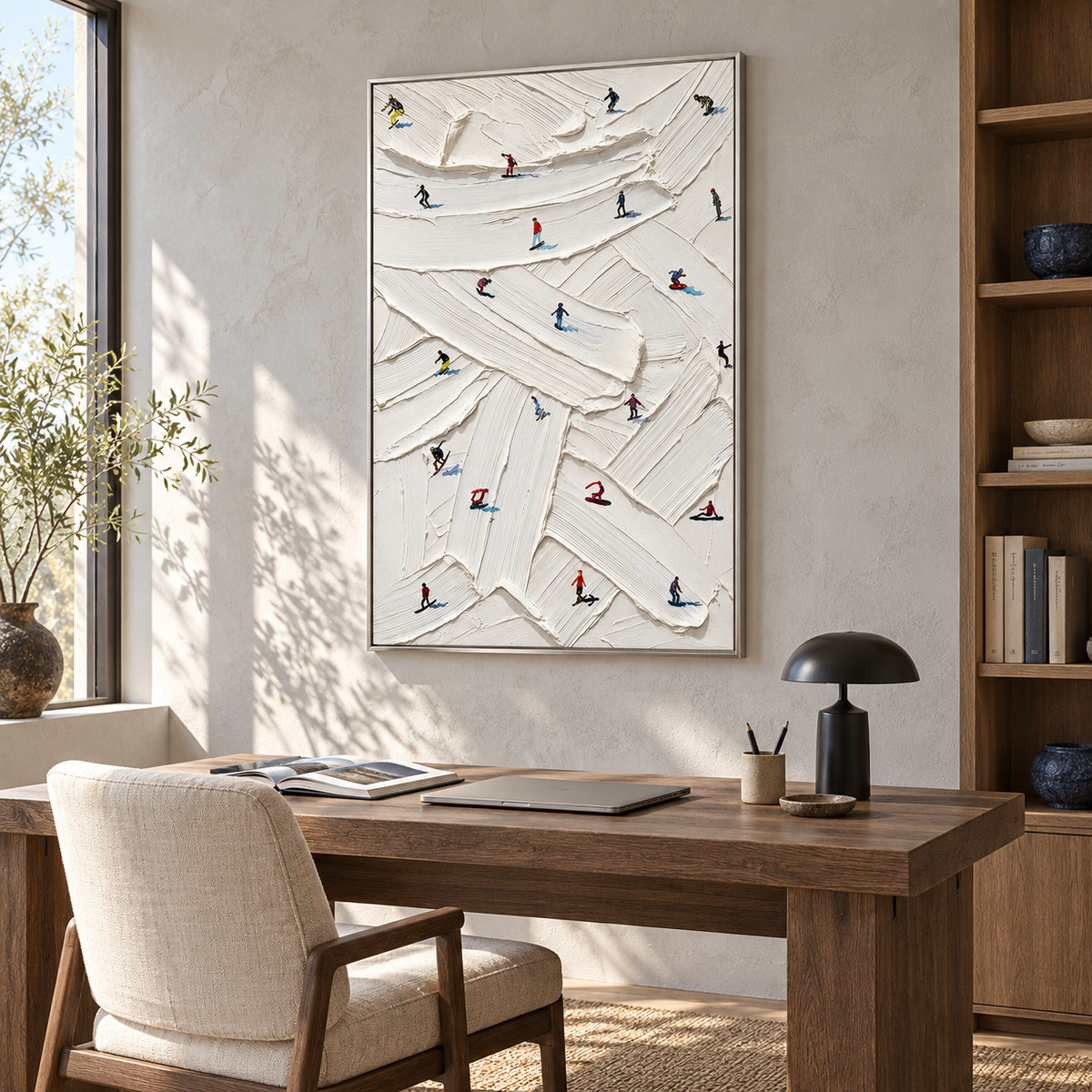 "Frozen Dynamics" – Abstract Impasto Skiers Canvas Painting