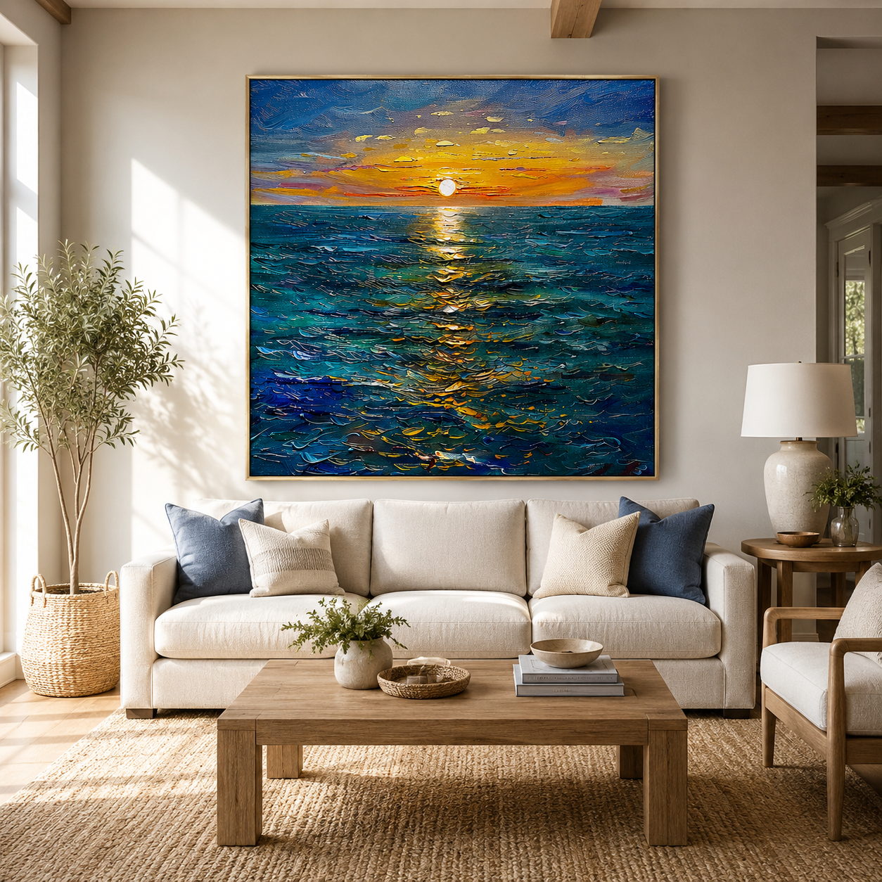 "Golden Horizon" – Ocean Sunset Textured Oil Painting