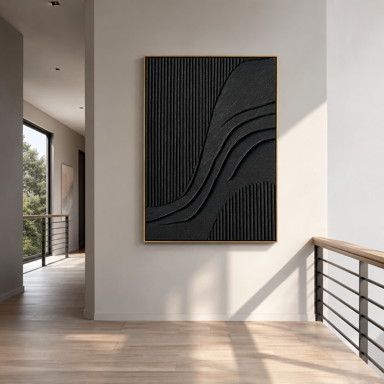 "Noir Rhythm" – Black Geometric Textured Abstract Painting