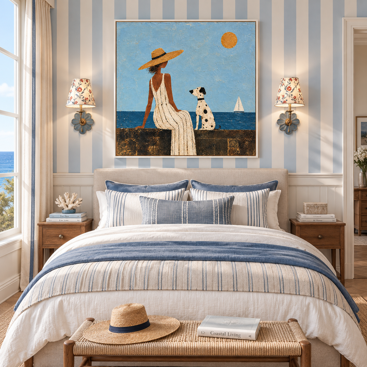 "Seaside Companionship" – Mediterranean Retro Coastal Lady and Dog Textured Oil Painting