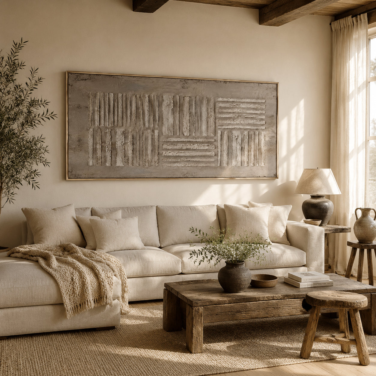 "Organic Gridwork" – Wabi-Sabi Earth Tone Abstract Textured Relief Painting