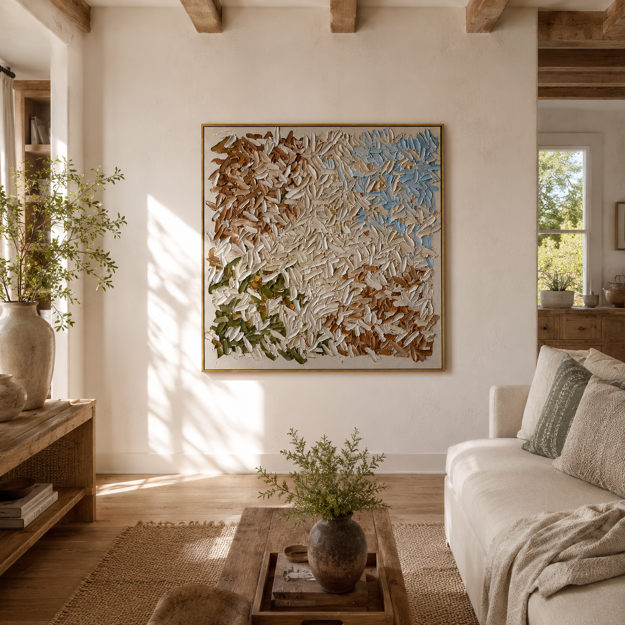 "Petal Harmony" – Cream Floral Textured Abstract Painting