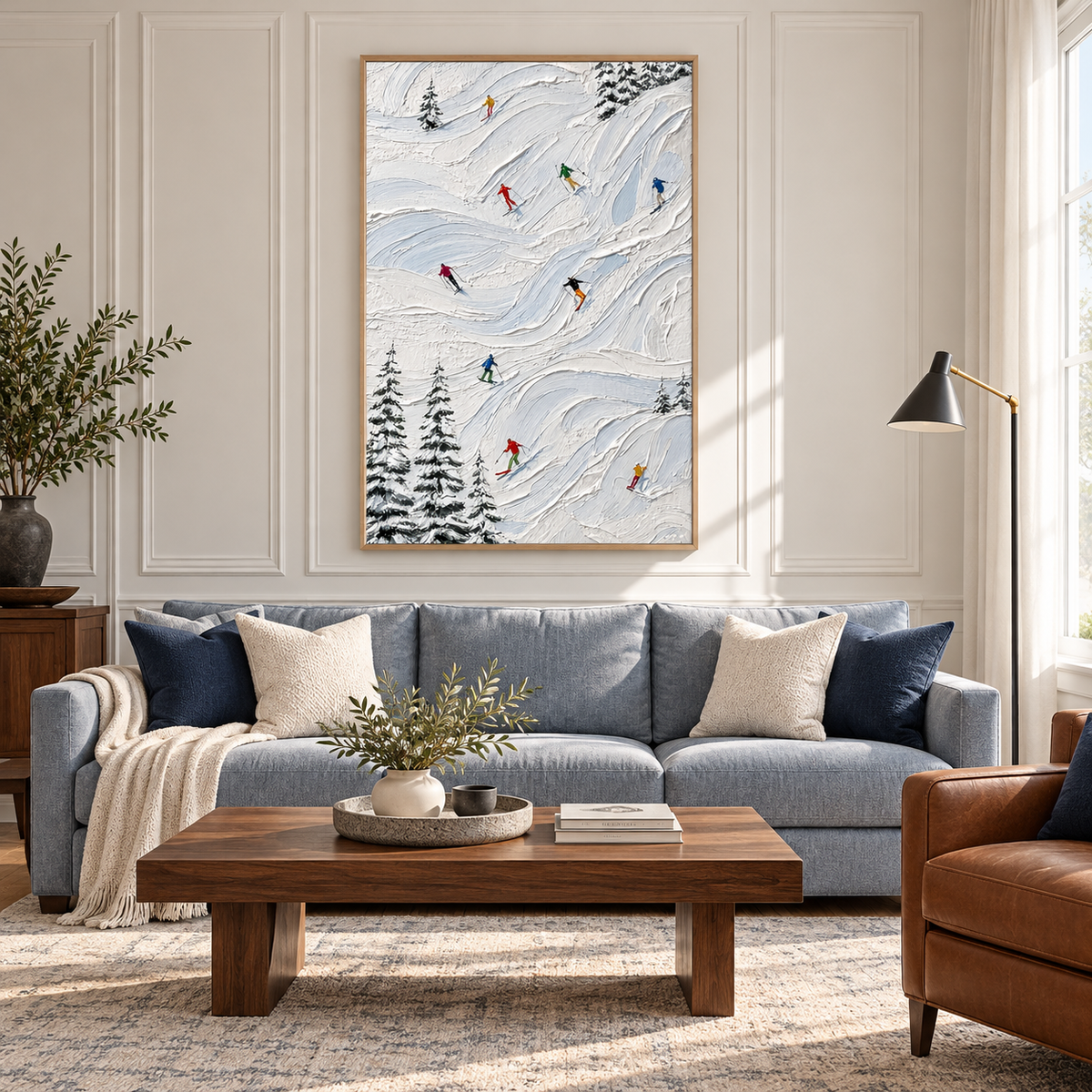 "Winter Glide" – Textured Impasto Skiers & Pine Trees Canvas Painting