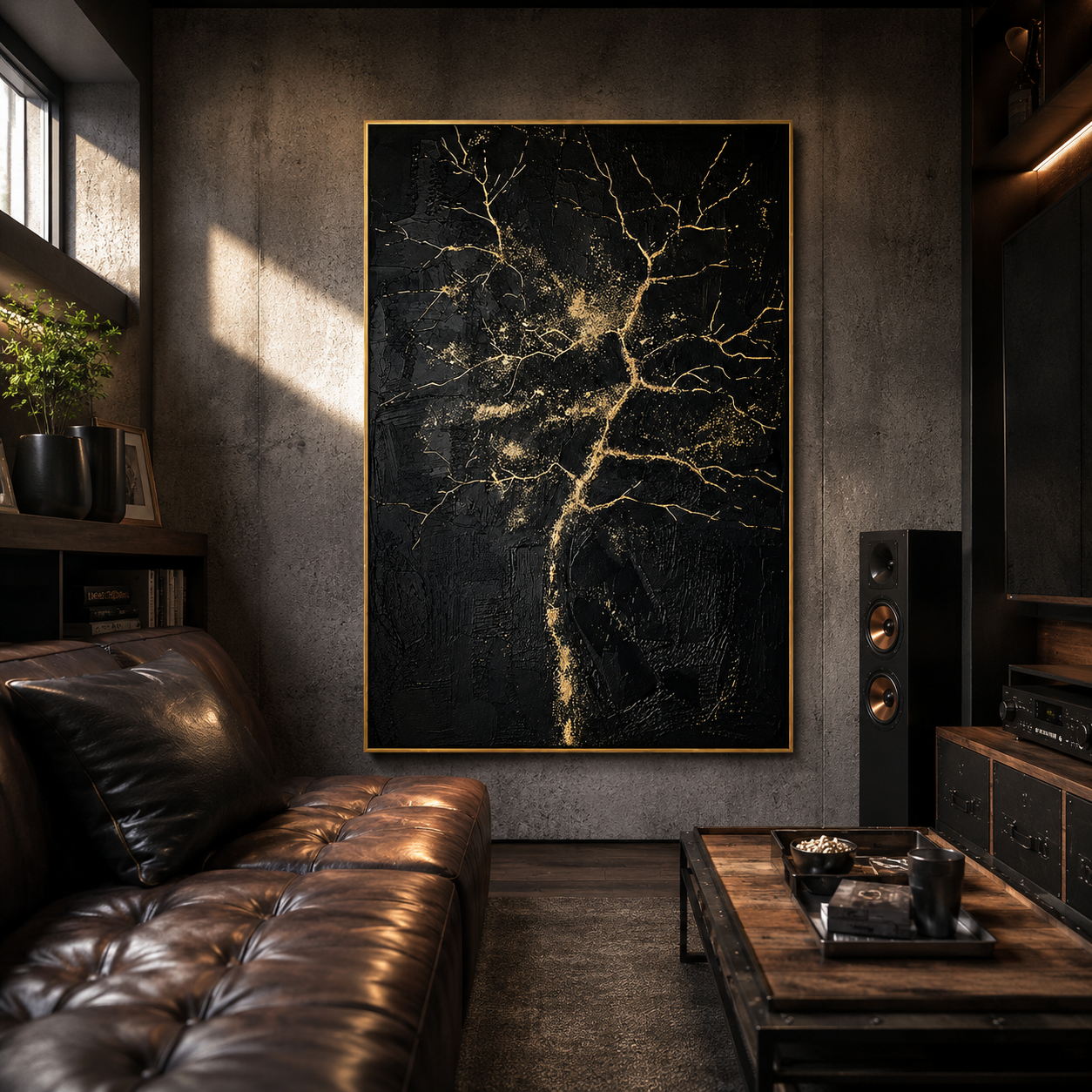"Gilded Veins" – Black Gold Tree Textured Abstract Painting