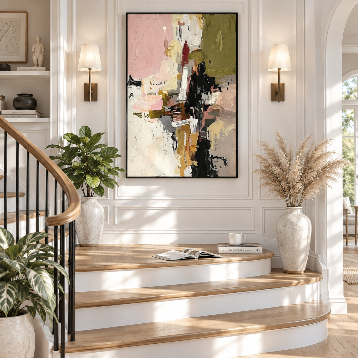 "Silent Momentum" – Modern Abstract Expressionist Pink & Olive Acrylic Painting