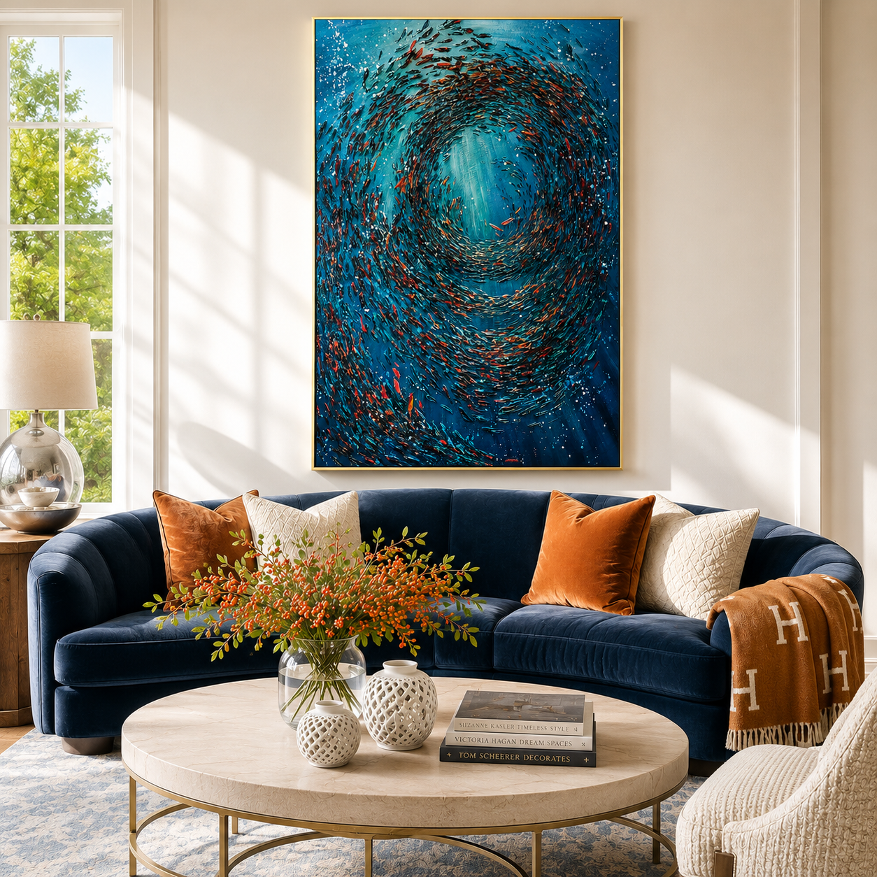 "Ocean Vortex" – Blue Abstract Fish School Textured Oil Painting
