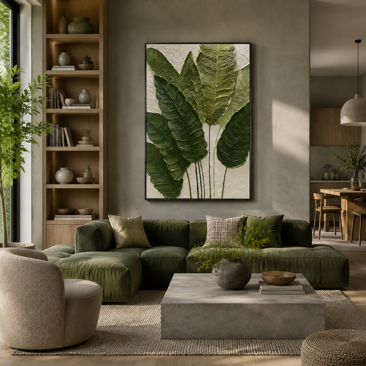 "Verdant Echoes" – Modern Tropical Green Leaf Textured Acrylic Painting