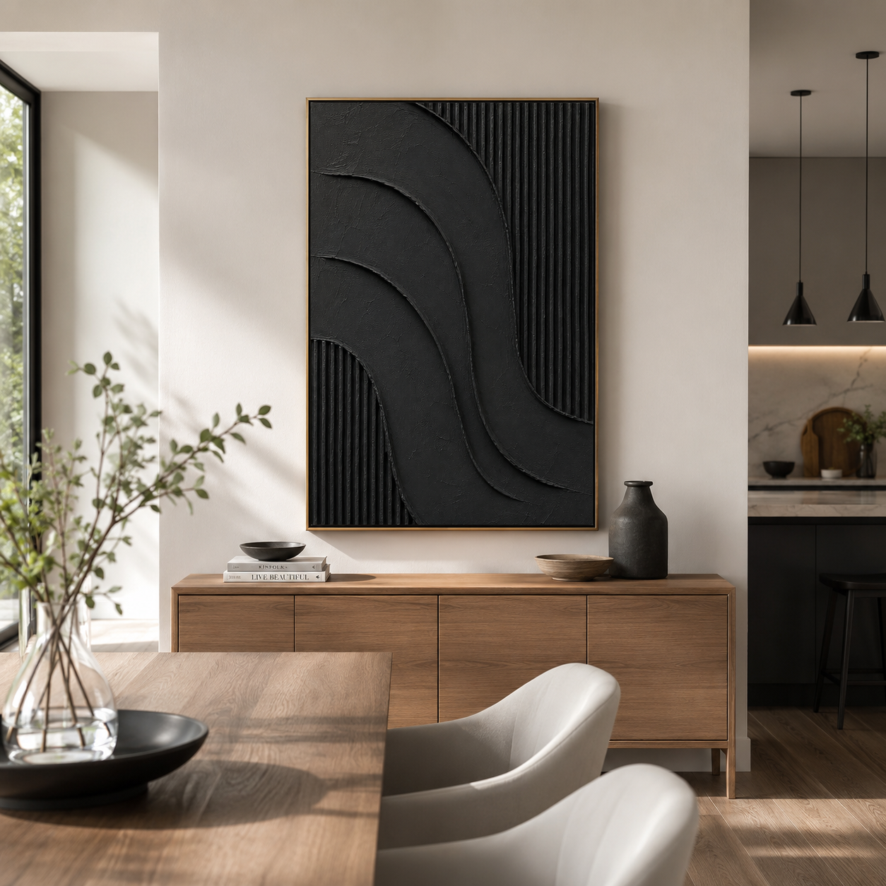 "Noir Current" – Black Wabi Sabi Abstract Textured Wall Art