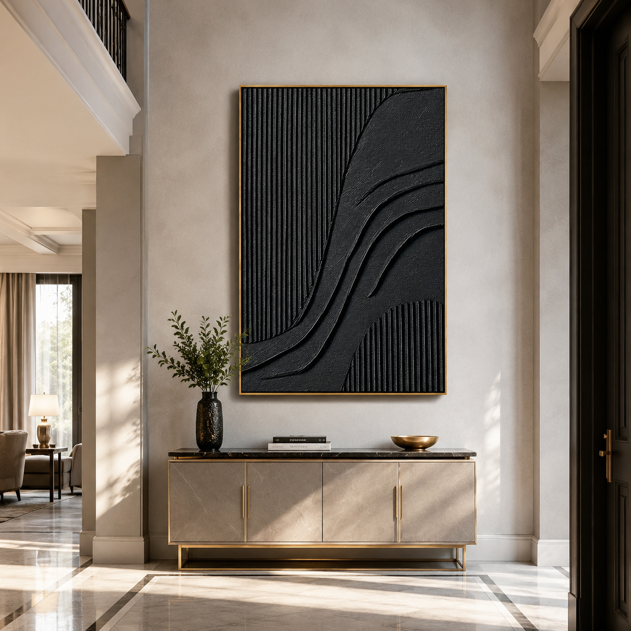 "Noir Rhythm" – Black Geometric Textured Abstract Painting