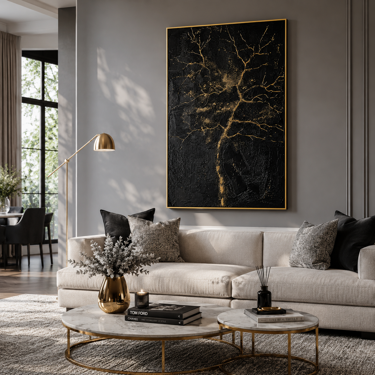 "Gilded Veins" – Black Gold Tree Textured Abstract Painting