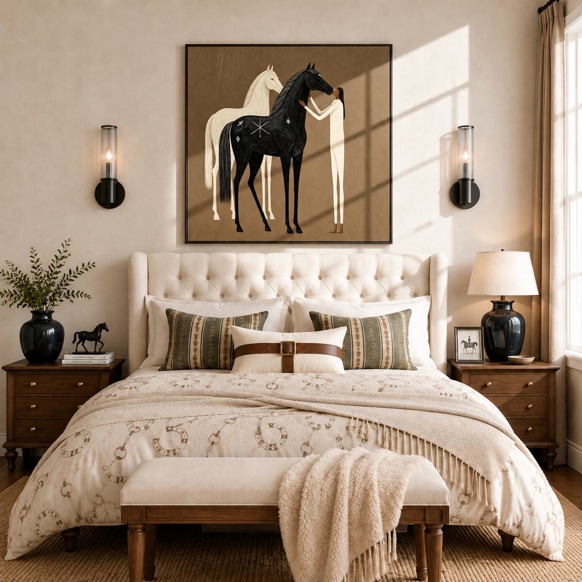 Moonlit Companions – Boho Folk Black and White Horse Oil Painting