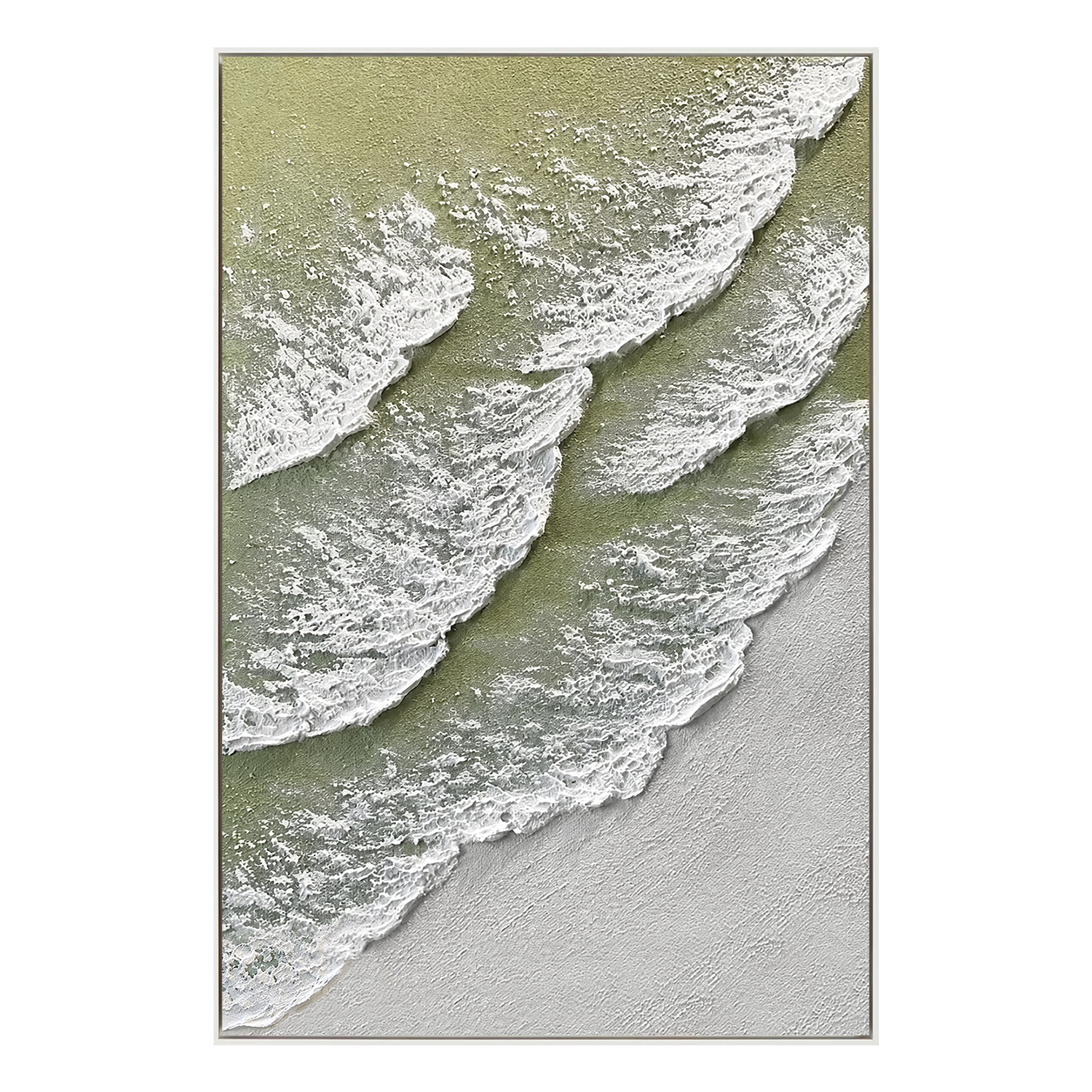 "Romantic Tides"—A Minimalist Coastal Acrylic Painting with Sage Green Textured Waves