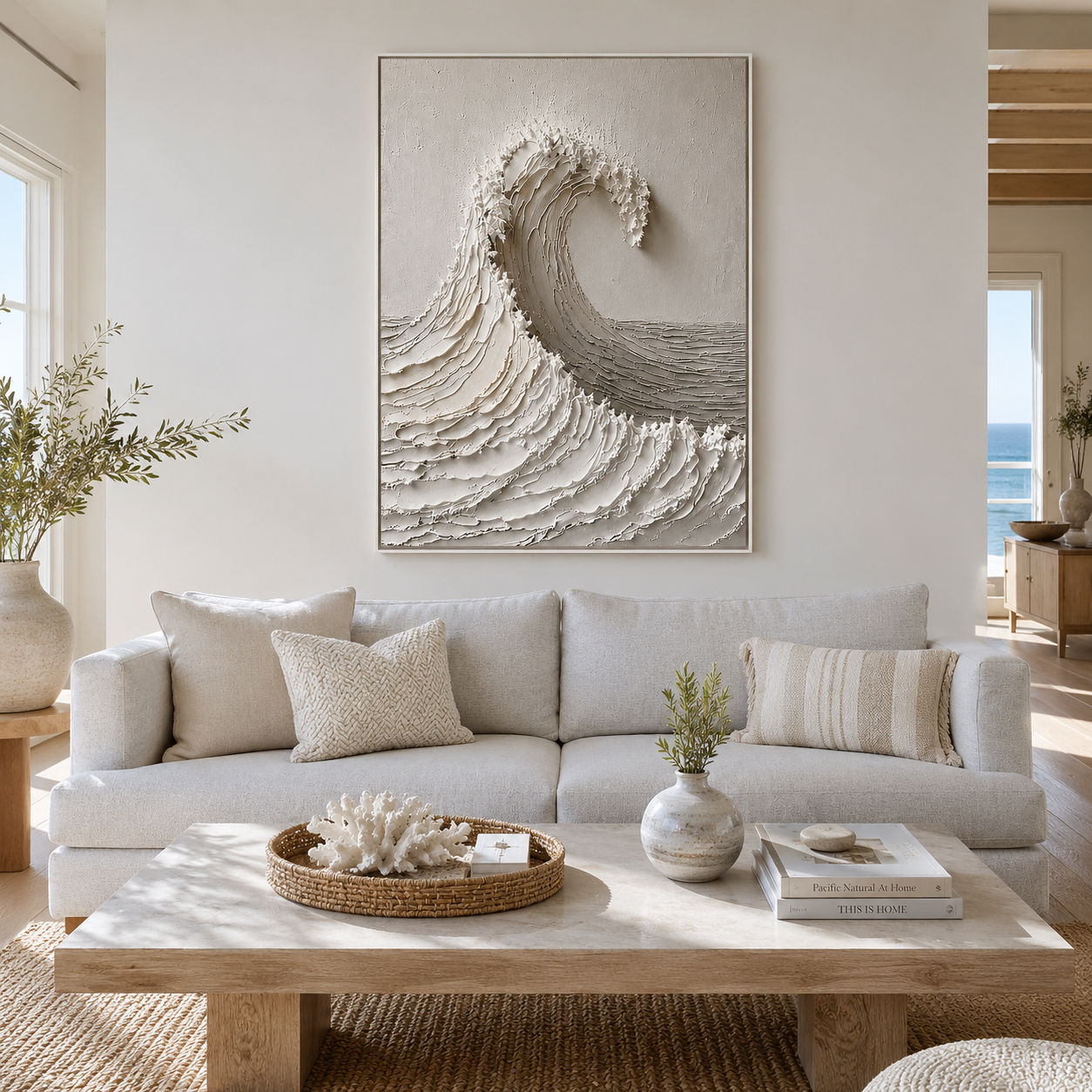 "White Tide Stillness" – Wabi Sabi Wave Textured Oil Painting