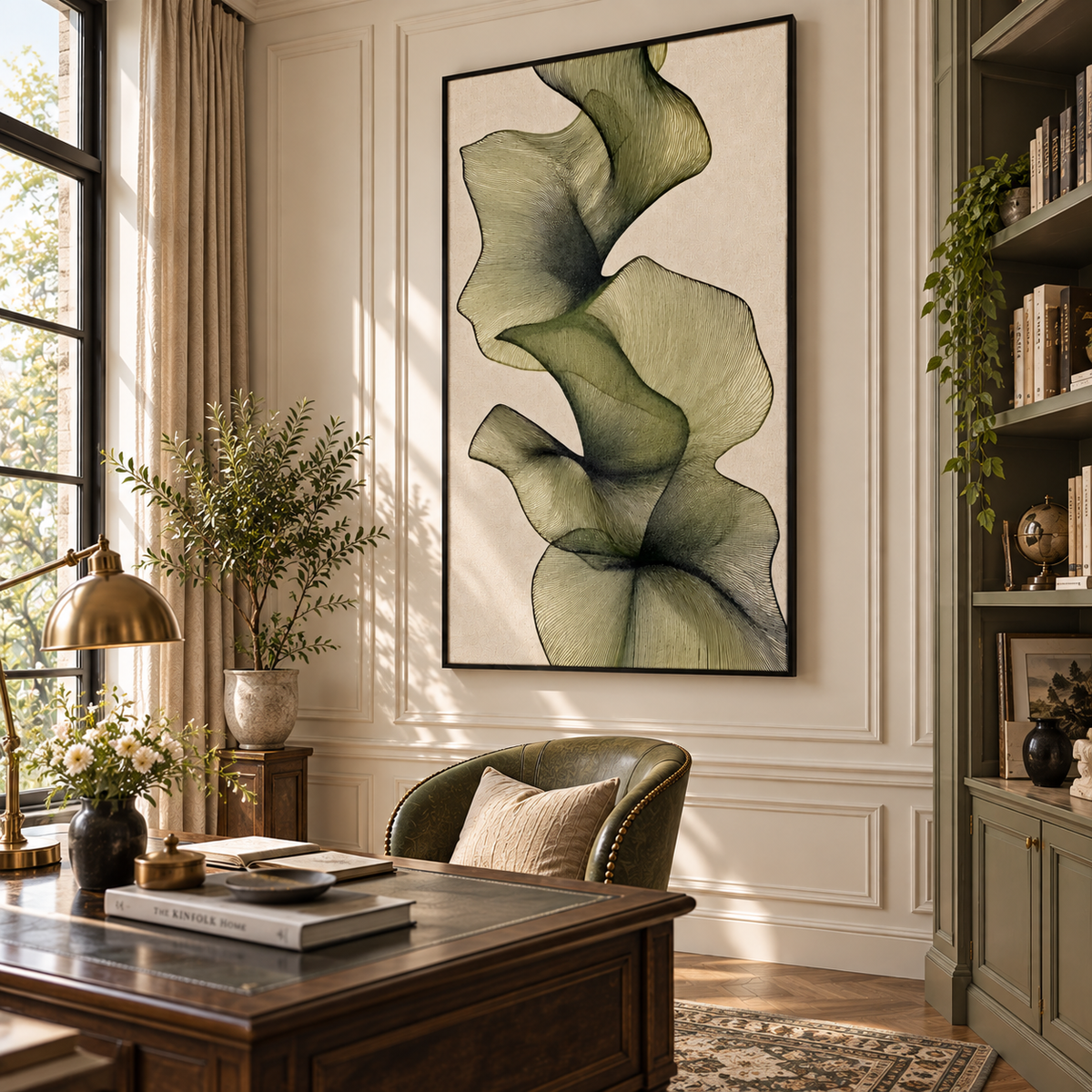 "Verdant Flow" – Japandi Style Minimalist Olive Green Line Art Canvas Painting