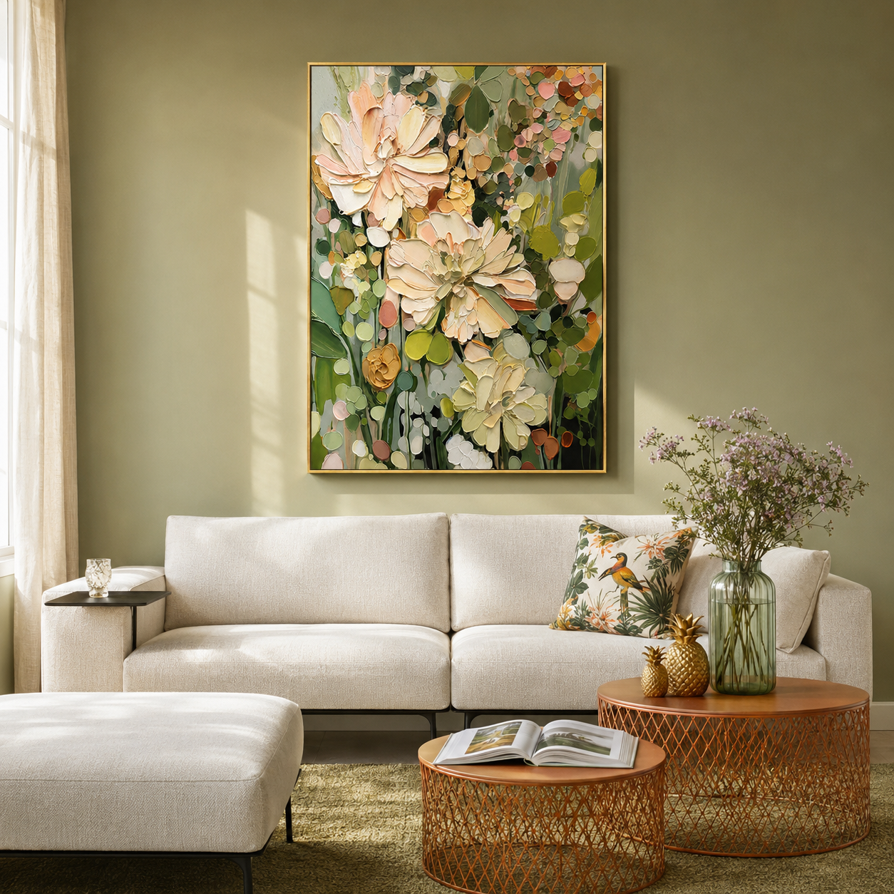 "Blossom Reverie" – Textured Floral Oil Painting in Soft Pink and Green