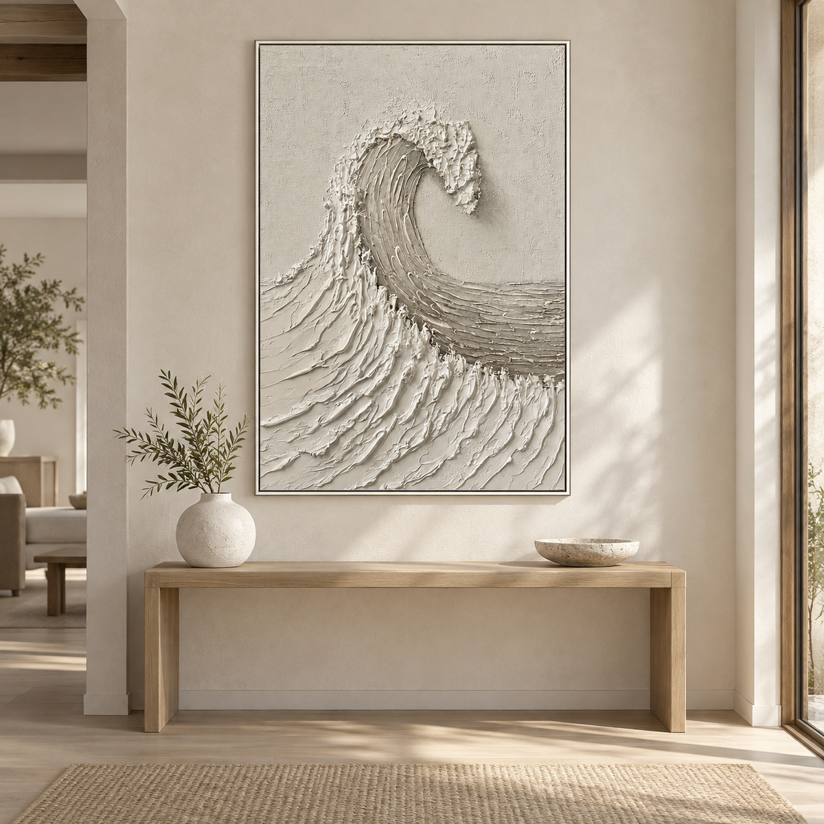 "White Tide Stillness" – Wabi Sabi Wave Textured Oil Painting