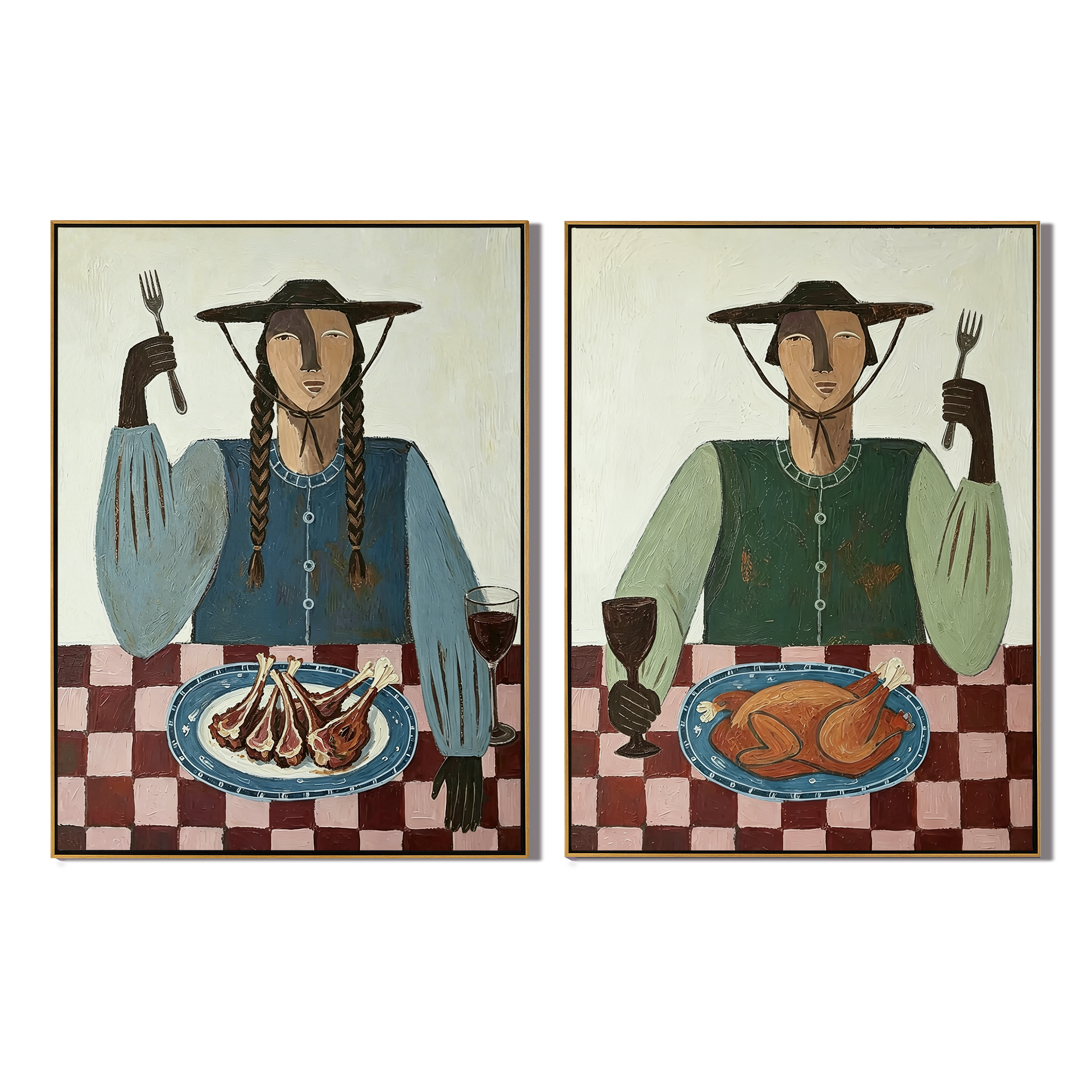 “The Rustic Feast” – Folk Art Dining Portrait Oil Painting Set