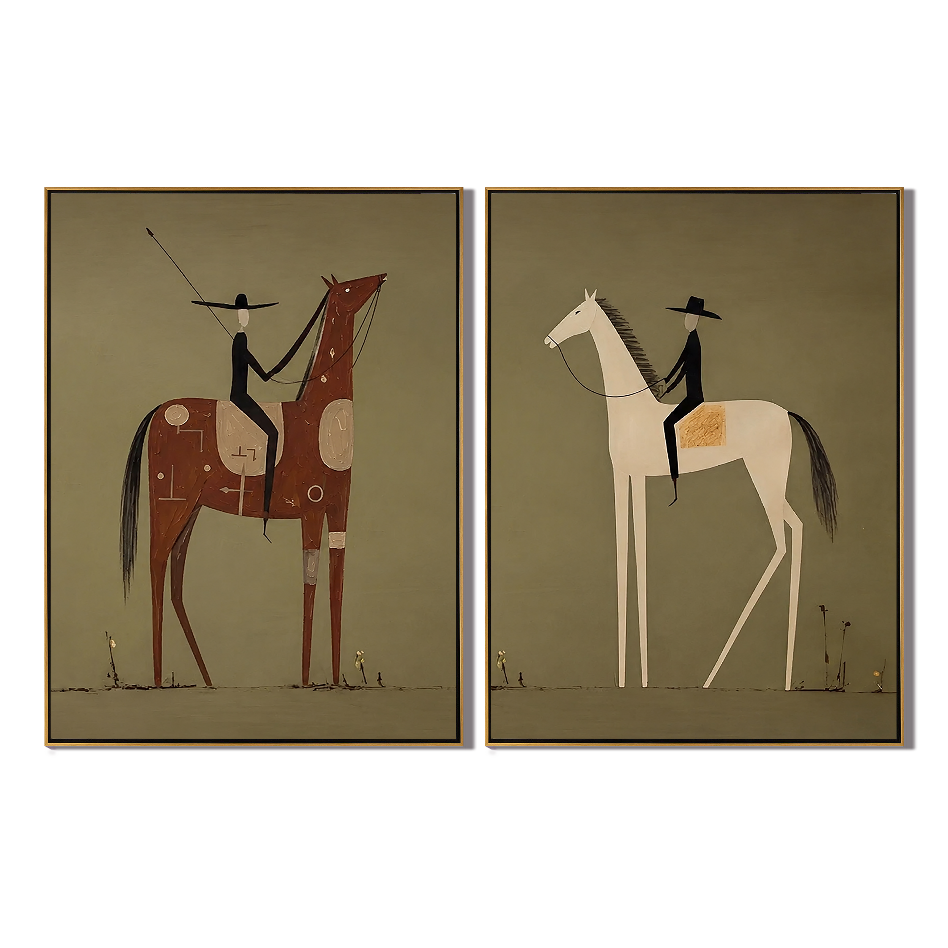 “Prairie Pilgrims” – Primitive Equestrian Oil Painting Set