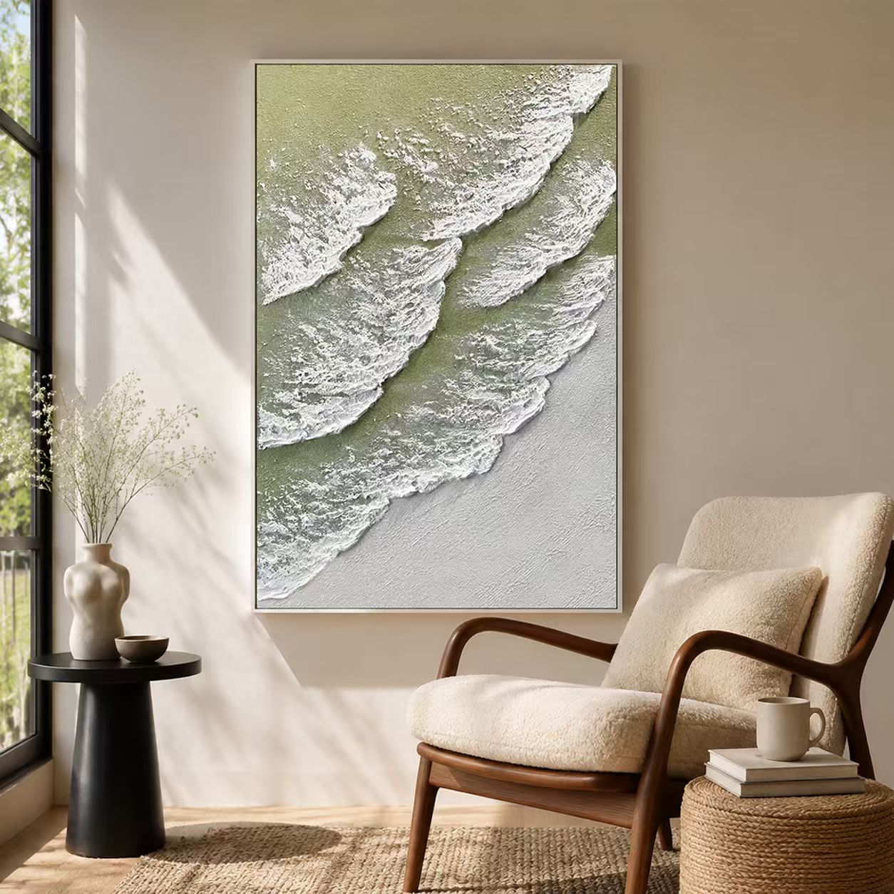"Romantic Tides"—A Minimalist Coastal Acrylic Painting with Sage Green Textured Waves