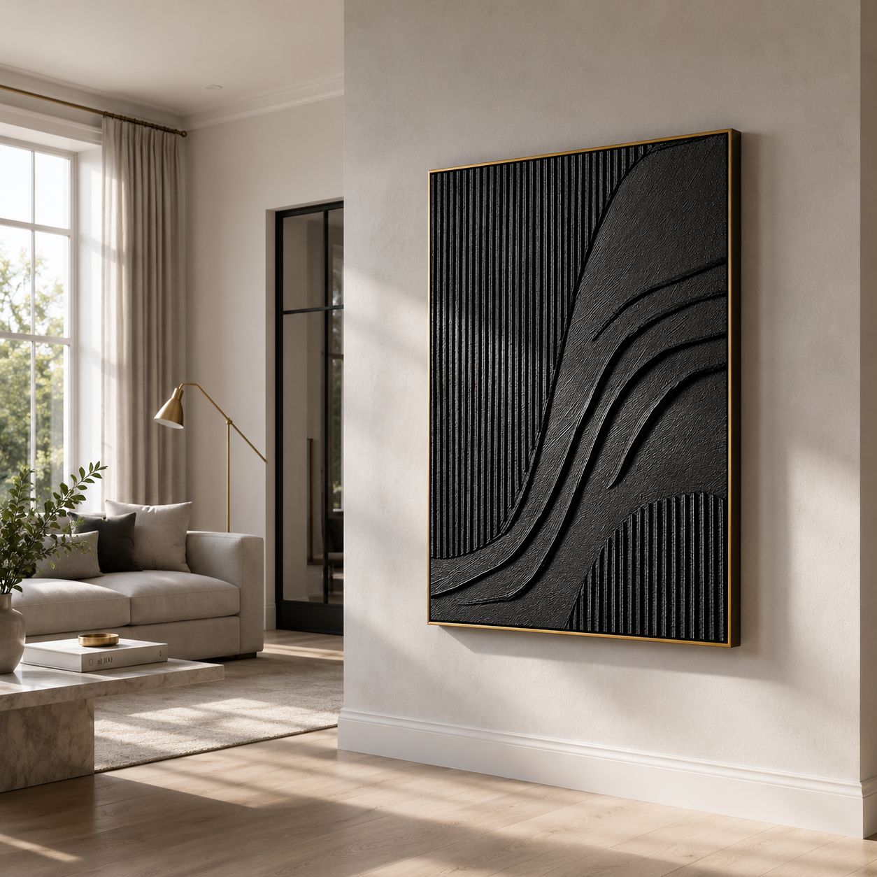 "Noir Rhythm" – Black Geometric Textured Abstract Painting