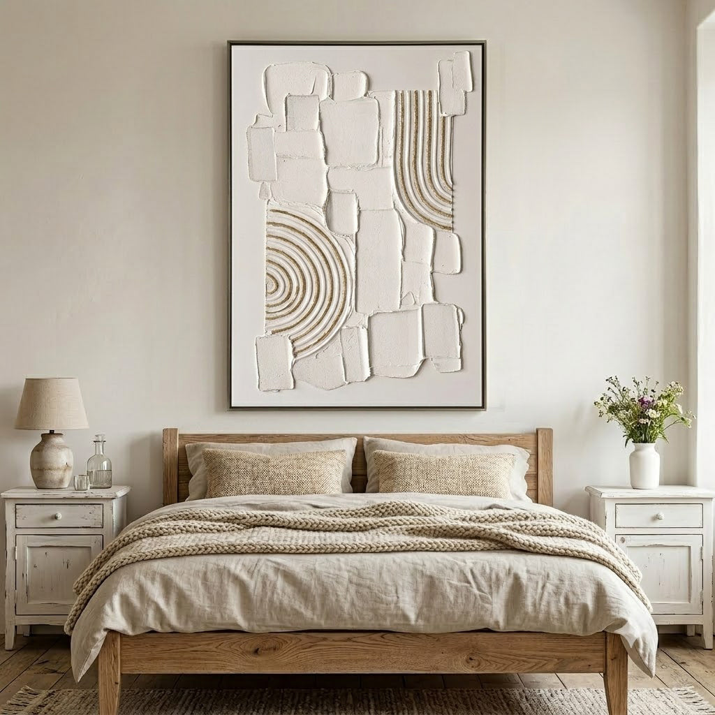"Gilded Stillness" – Wabi Sabi White Geometric Textured Painting