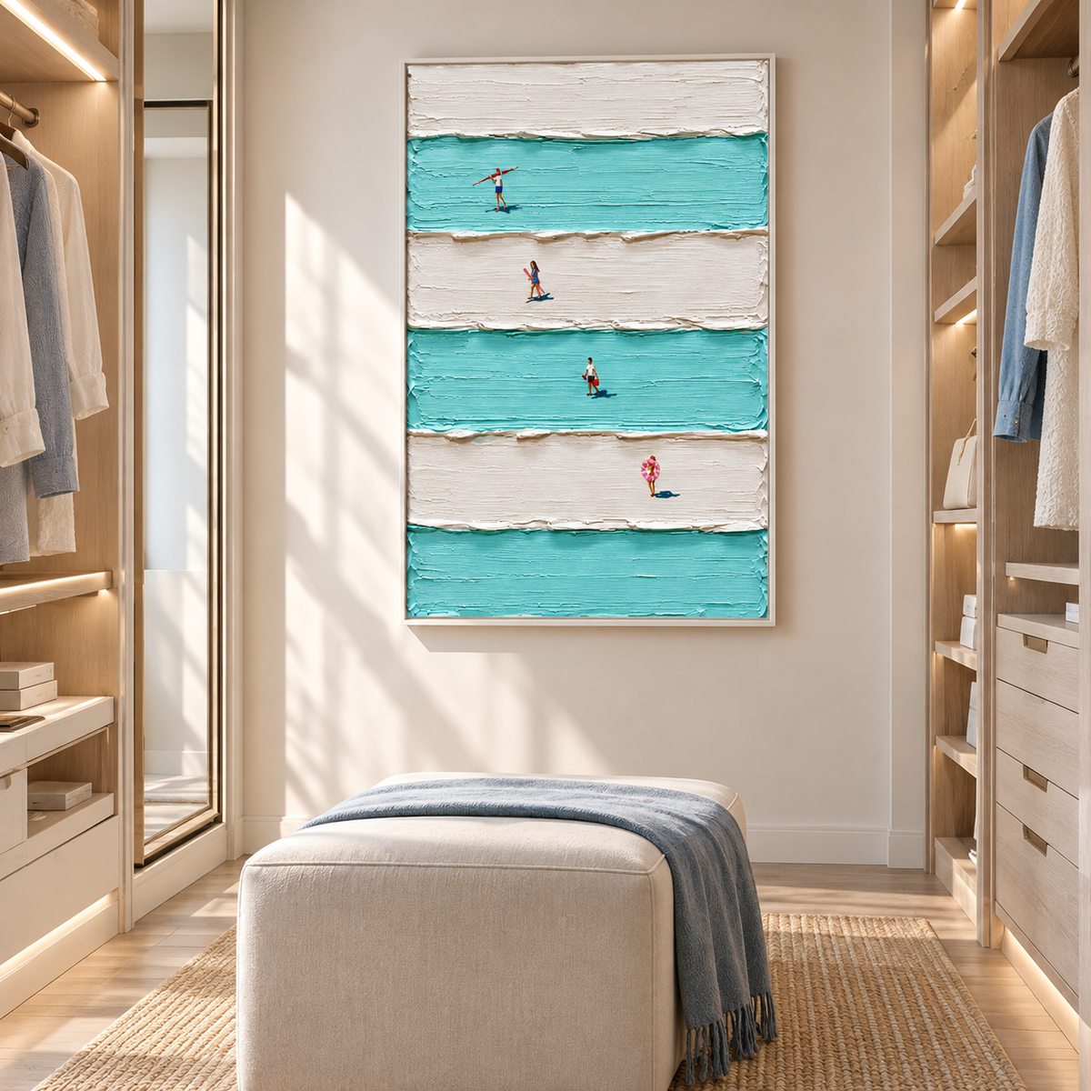 "Striped Waves" – Minimalist Striped Aerial Swimmers Textured Oil Painting