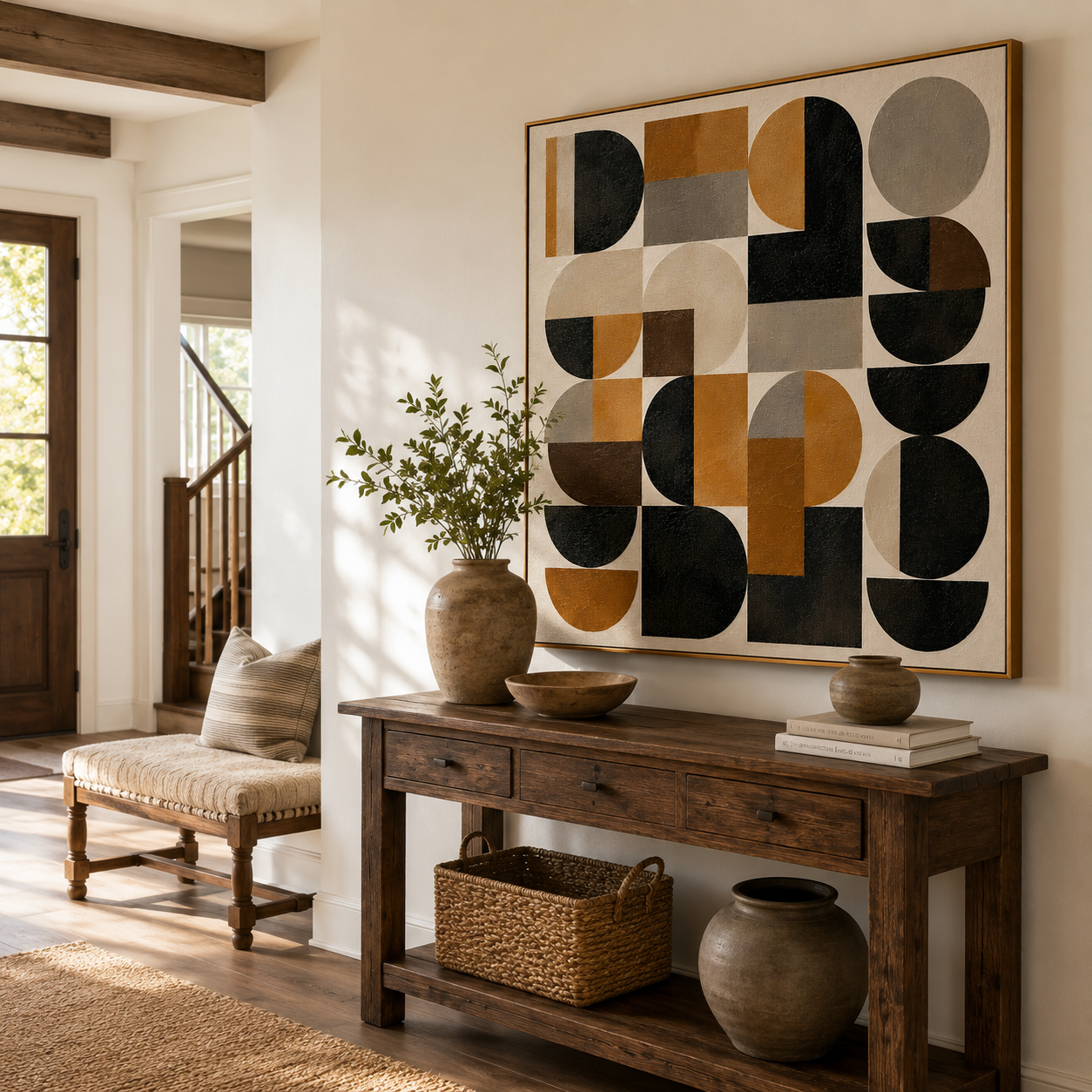 "Retro Geometry" – Bauhaus Black Mustard Abstract Painting