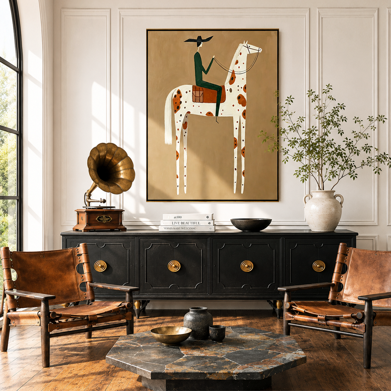 “Lone Rider’s Grace” – Minimalist Western Spotted Horse Oil Painting