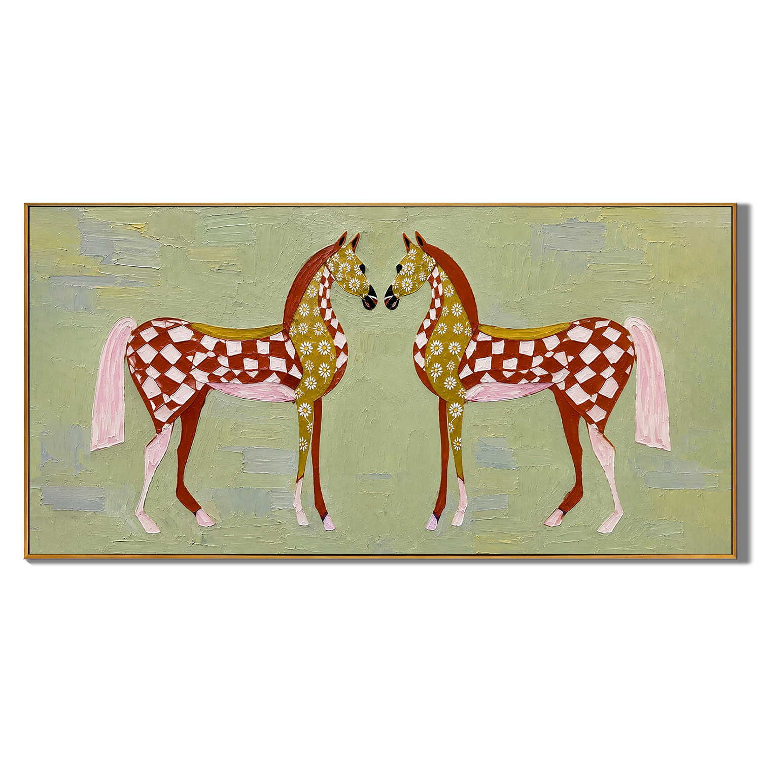 “Meadow Heart Horses” – Whimsical Folk Horse Impasto Oil Painting