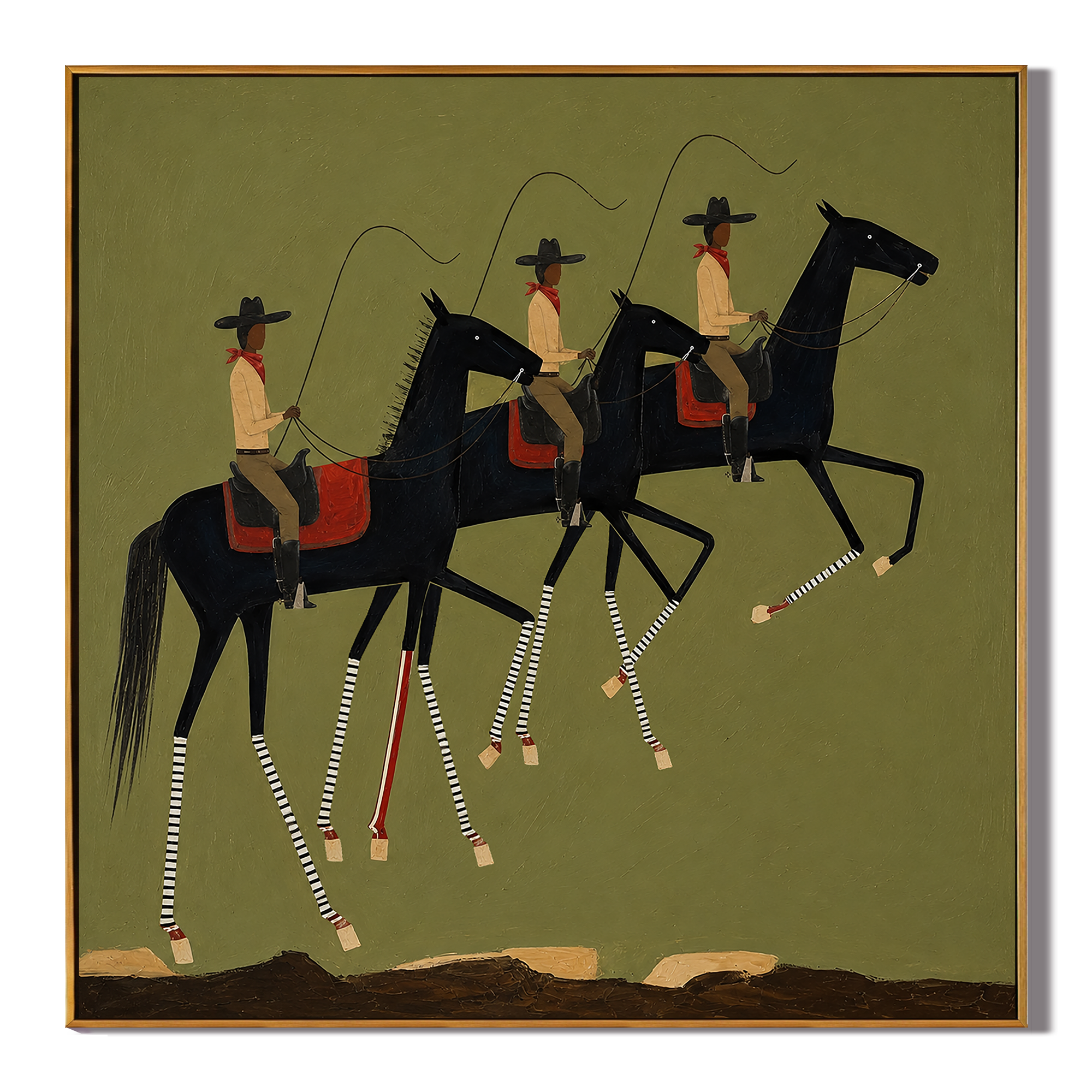 "Riders in Rhythm" – Western Cowboy Horse Parade Oil Painting in Olive Green