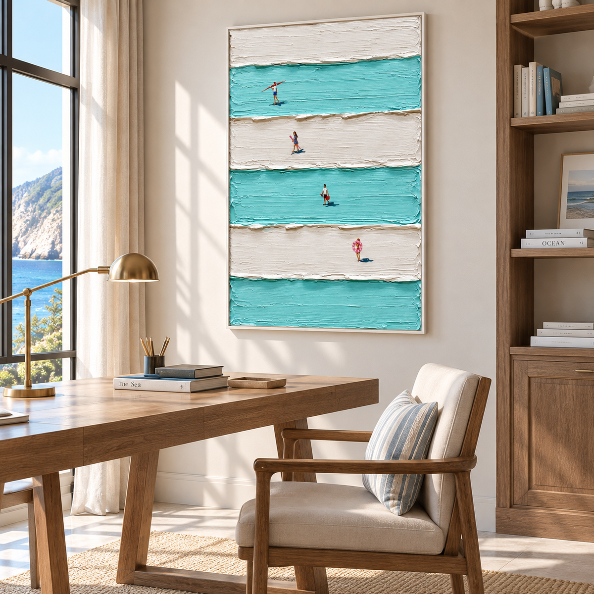 "Striped Waves" – Minimalist Striped Aerial Swimmers Textured Oil Painting