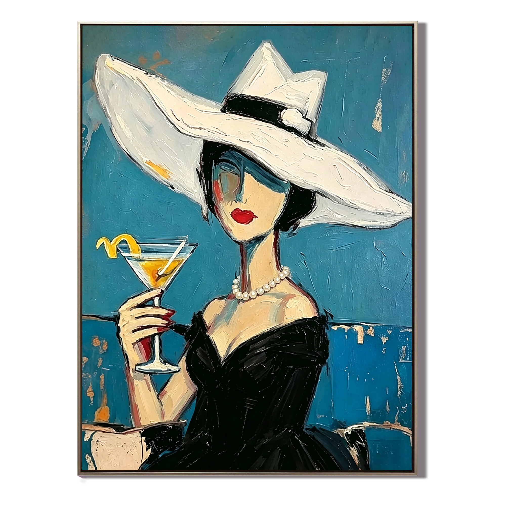 “Midnight Aperitif” – Elegant Lady Portrait Oil Painting in Blue and Black
