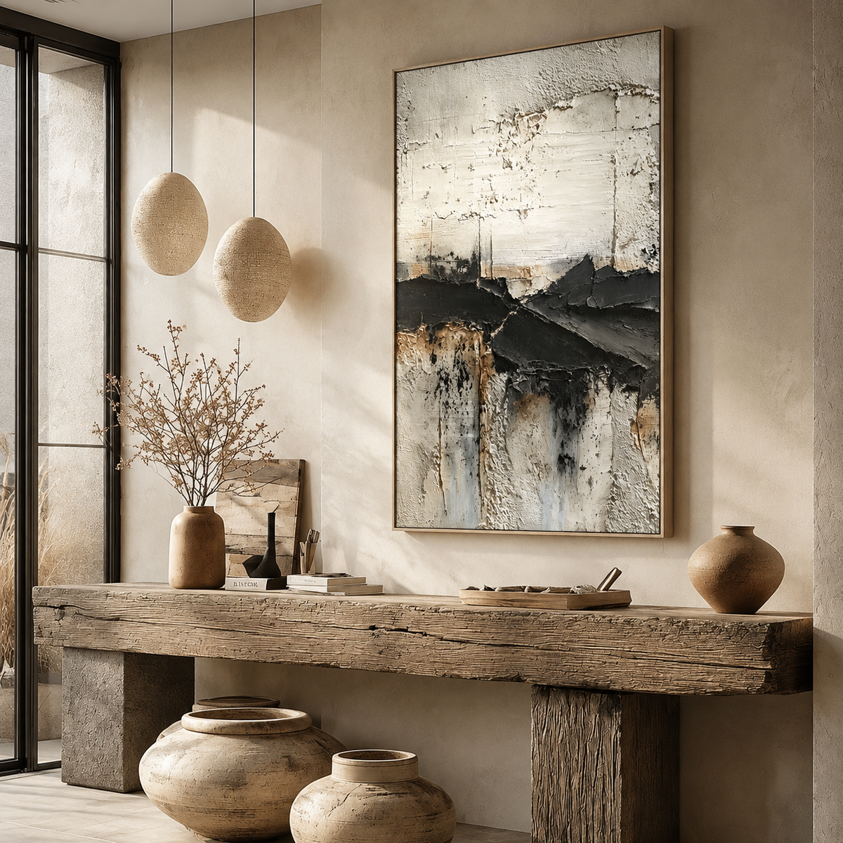 "Tectonic Rift" – Wabi-Sabi Textured Black and Cream Abstract Oil Painting