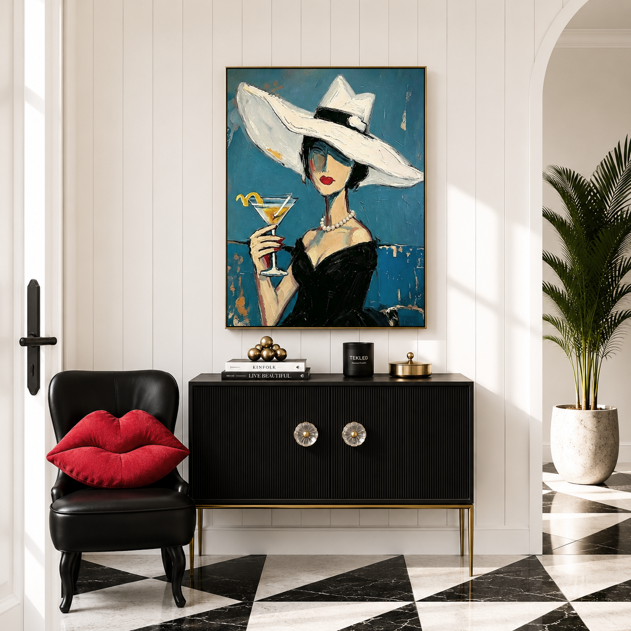“Midnight Aperitif” – Elegant Lady Portrait Oil Painting in Blue and Black