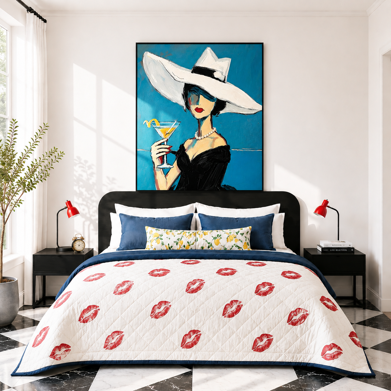 “Midnight Aperitif” – Elegant Lady Portrait Oil Painting in Blue and Black