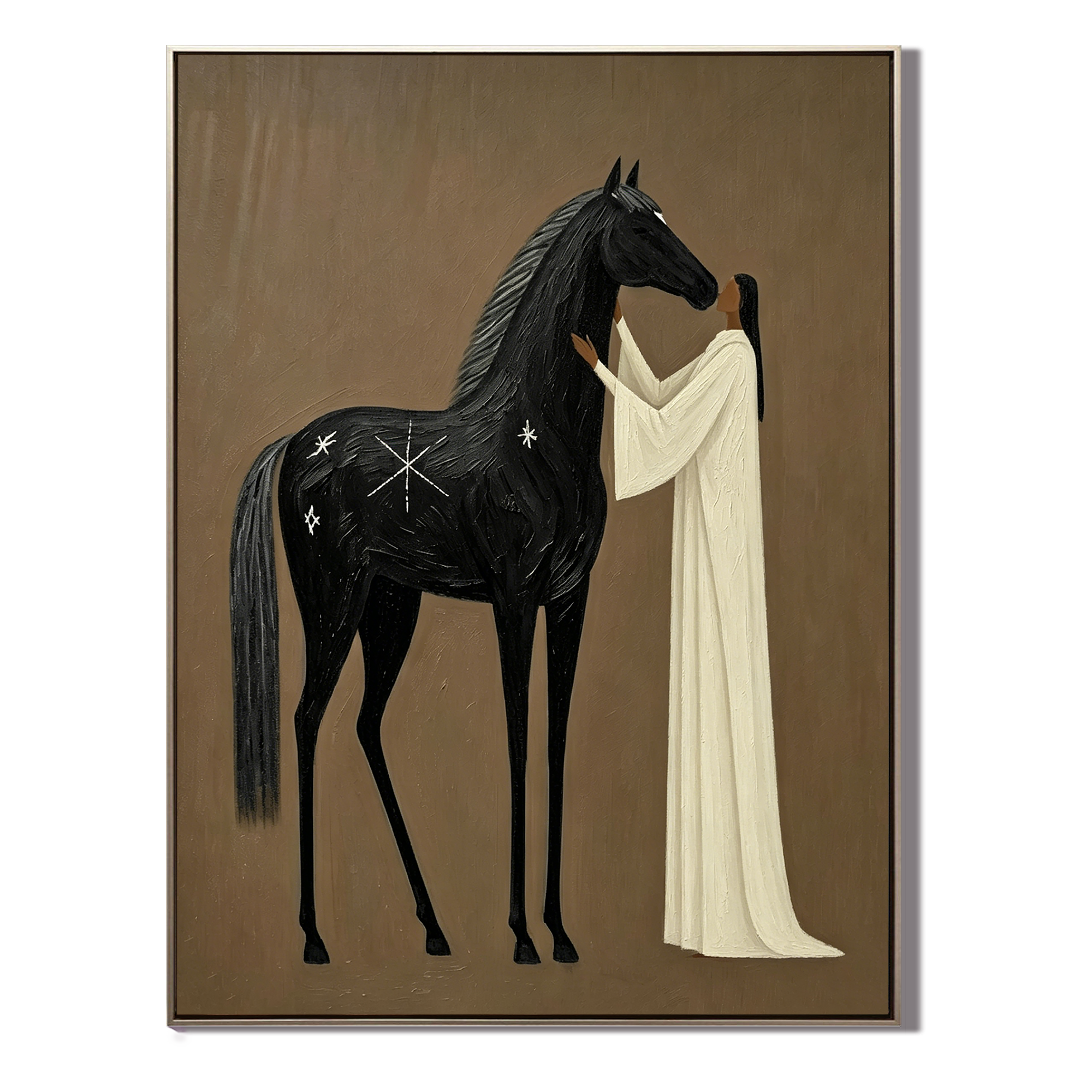 “Midnight Bond” – Mystical Black Horse Folk Art Oil Painting