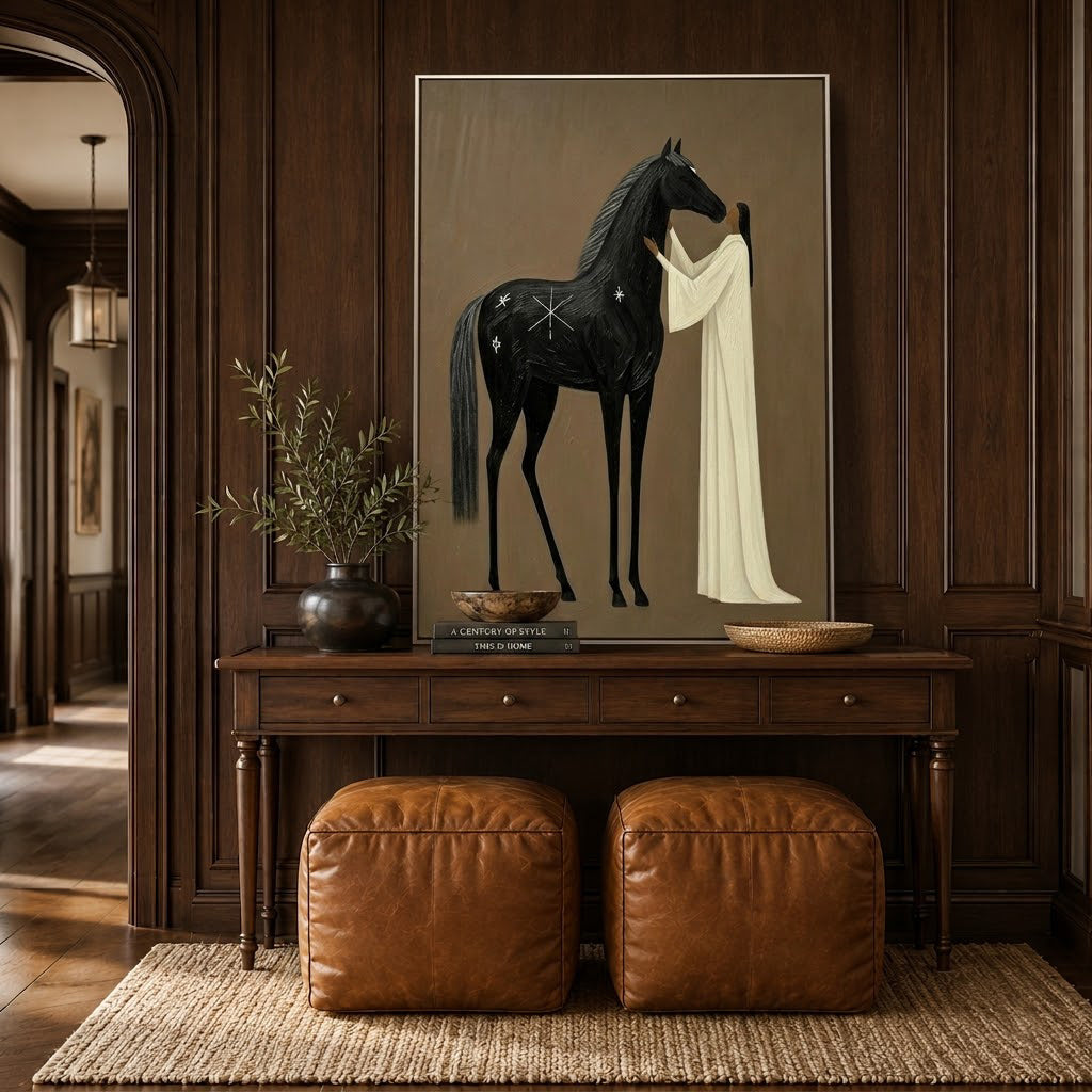 “Midnight Bond” – Mystical Black Horse Folk Art Oil Painting