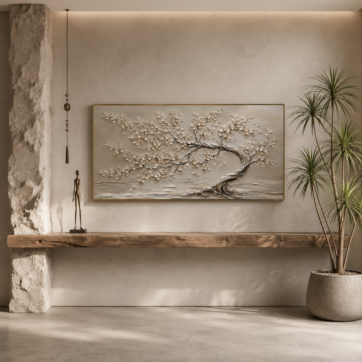 "Windswept Serenity" – Wabi-Sabi Neutral Textured Tree Oil Painting