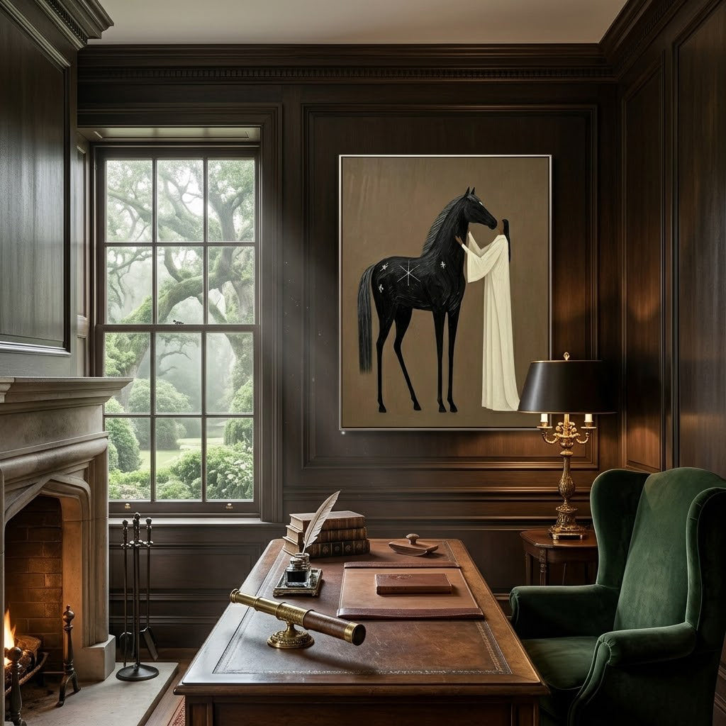 “Midnight Bond” – Mystical Black Horse Folk Art Oil Painting