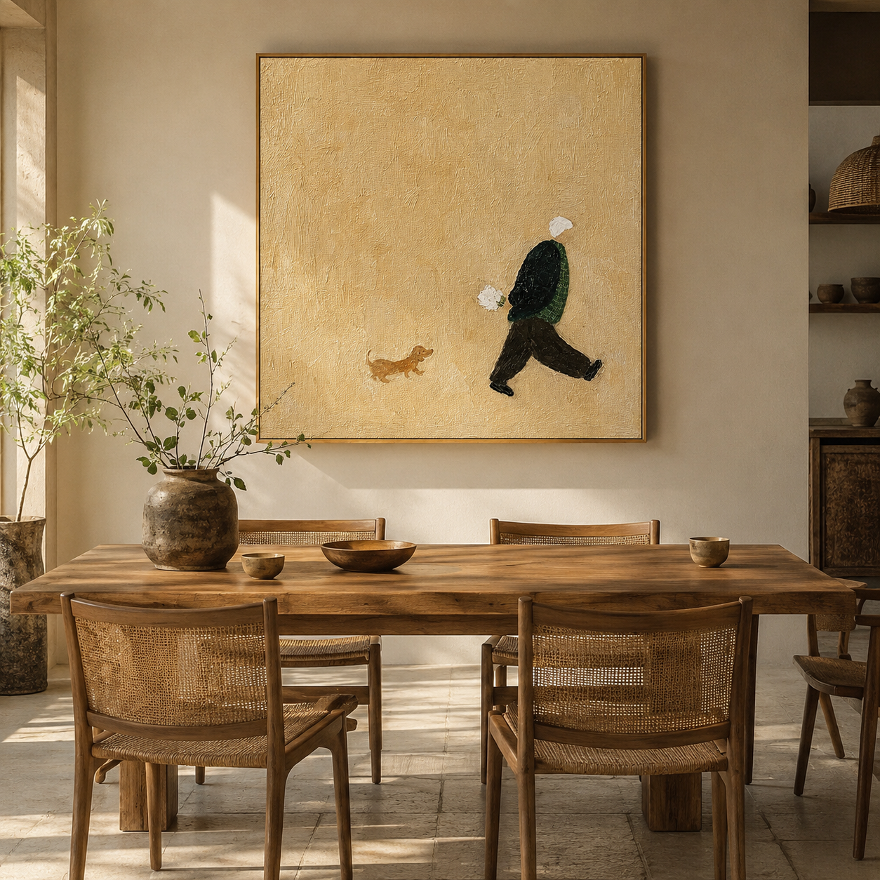 "Afternoon Walk" – Minimalist Figure and Dog Textured Painting