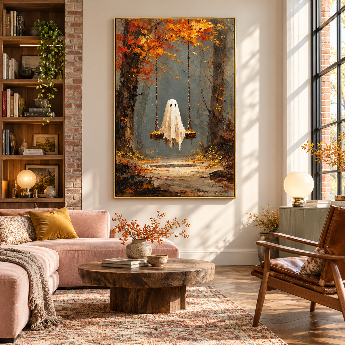 "The Autumn Swing" – Whimsical Ghost in Forest Autumn Textured Impasto Oil Painting