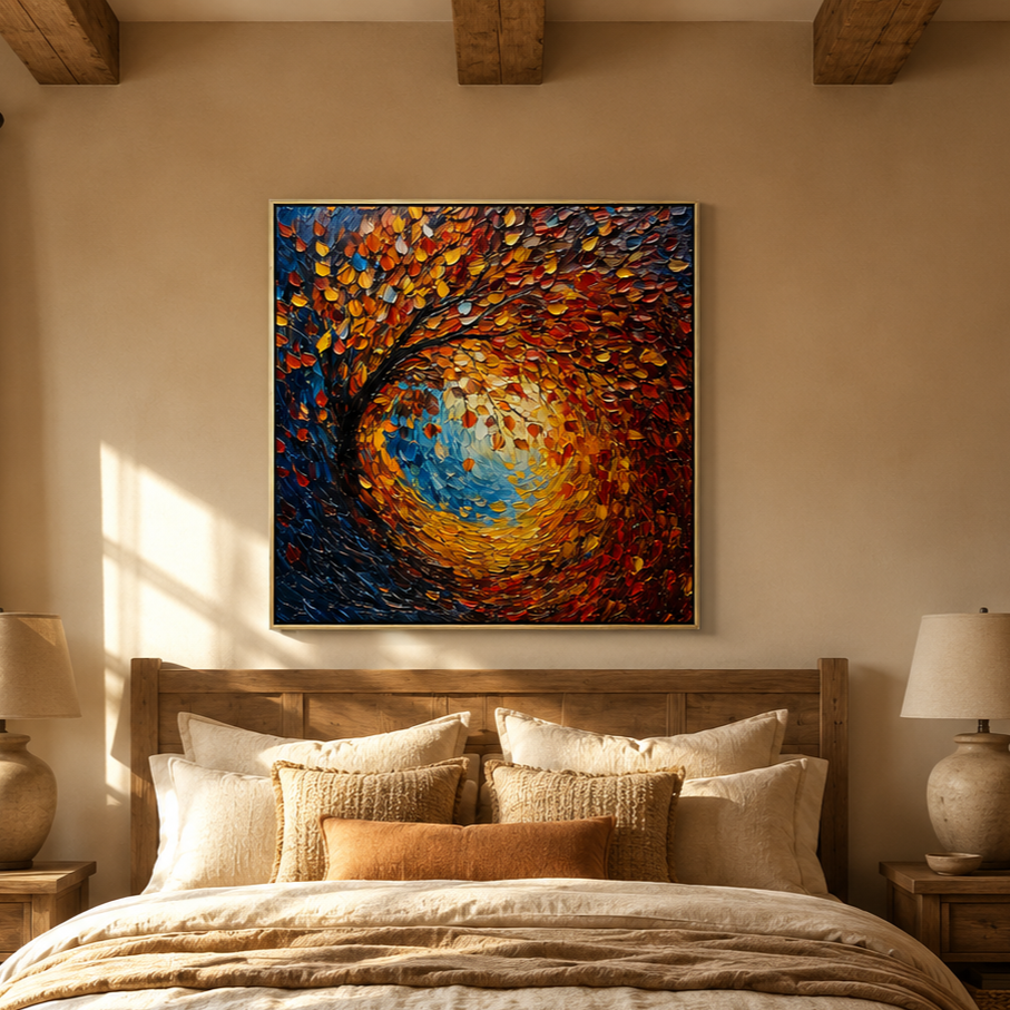 "Autumn Radiance" – Colorful Tree Landscape Textured Oil Painting